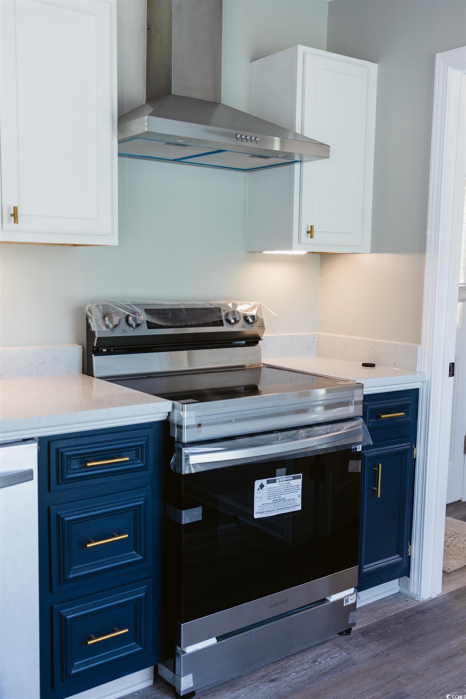 2851 Highway 984 Galivants Ferry, SC 29544 - Photo 22 of 23 Kitchen with blue cabinetry, electric range, wall chimney exhaust hood, white cabinets, and dark wood-type flooring