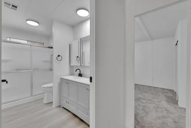 a bathroom with a sink a toilet a mirror and shower