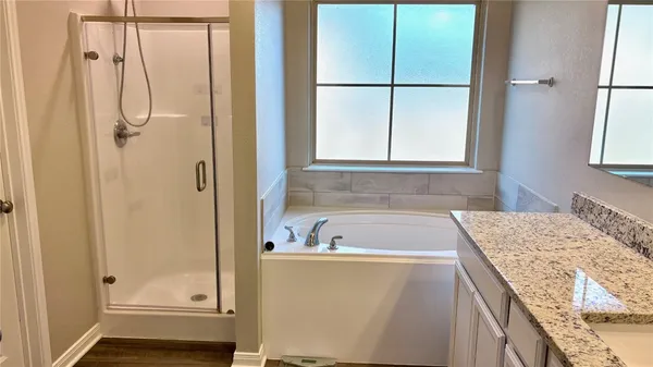 a bathroom with a granite countertop sink and a bathtub