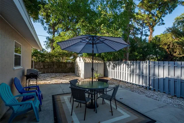 a view of a table and chairs under an umbrella in backyard