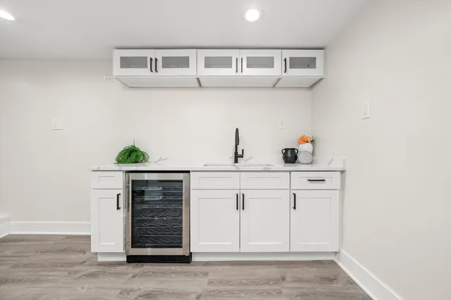 a view of cabinets and window