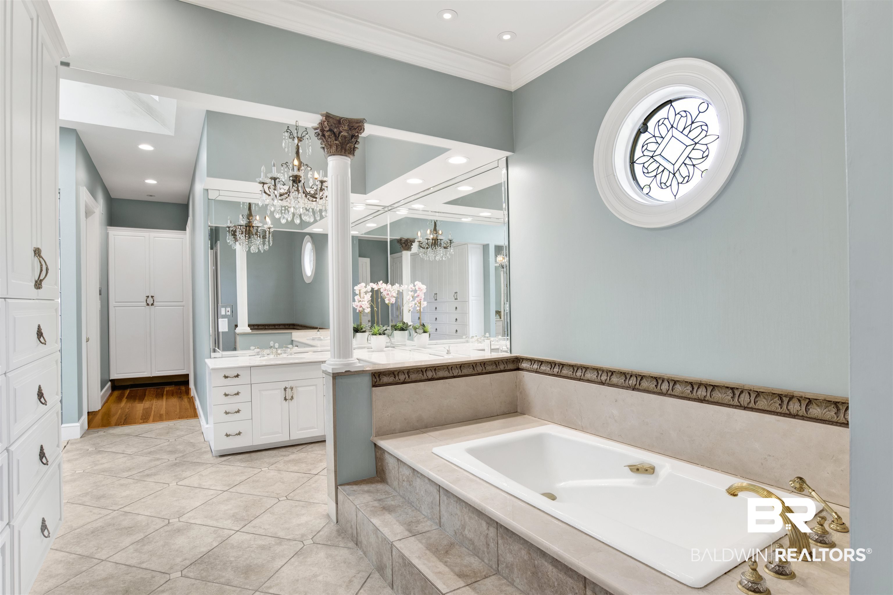 3816 Austill Lane Mobile, AL 36608 - Photo 36 of 80 Full bath with vanity, tile patterned floors, a bath, recessed lighting, and ornamental molding
