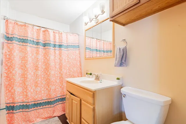 a bathroom with a sink a toilet and shower curtain