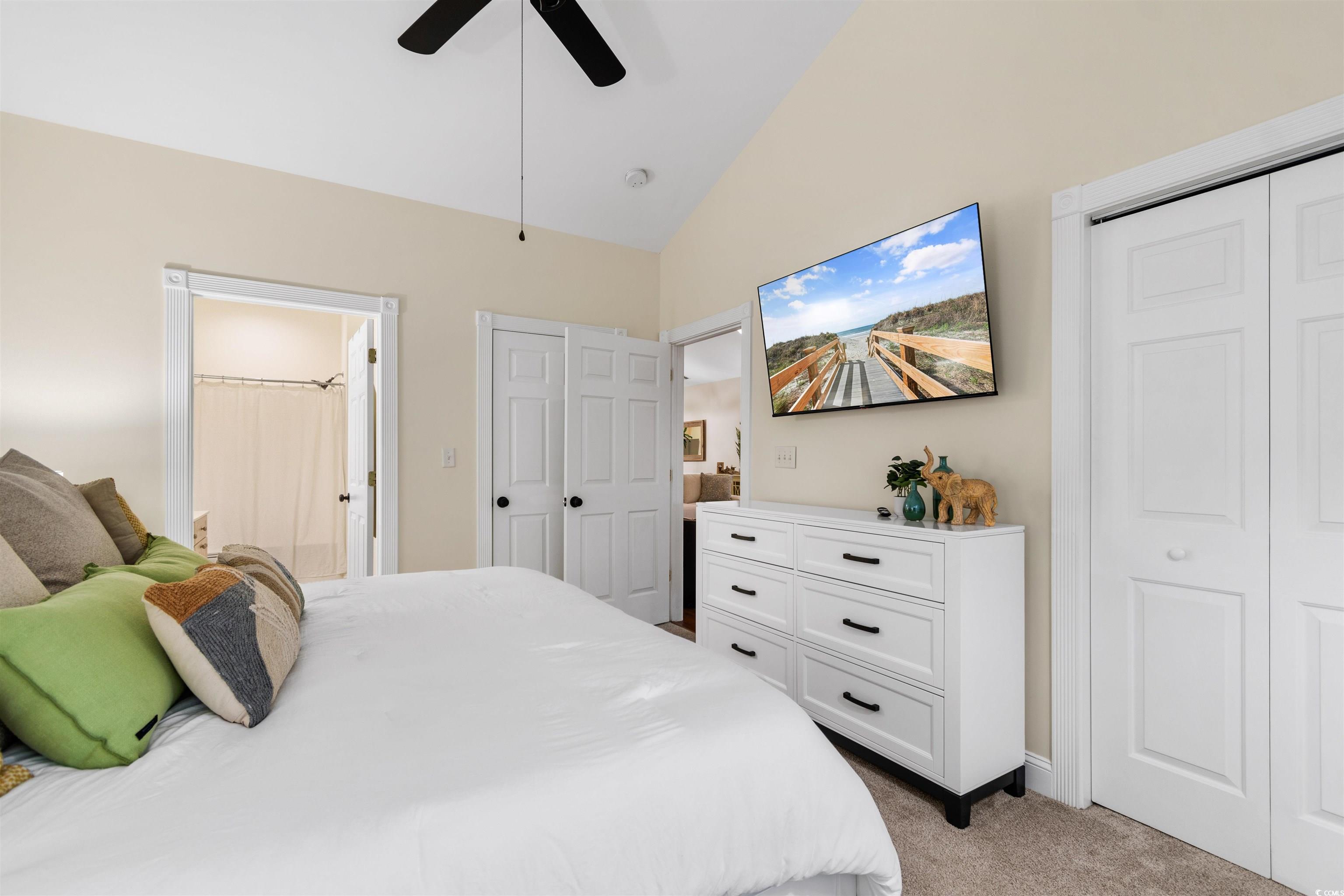 4843 Luster Leaf Circle, Unit 402 Myrtle Beach, SC 29577 - Photo 16 of 33 Bedroom featuring light colored carpet, lofted ceiling, two closets, and ceiling fan