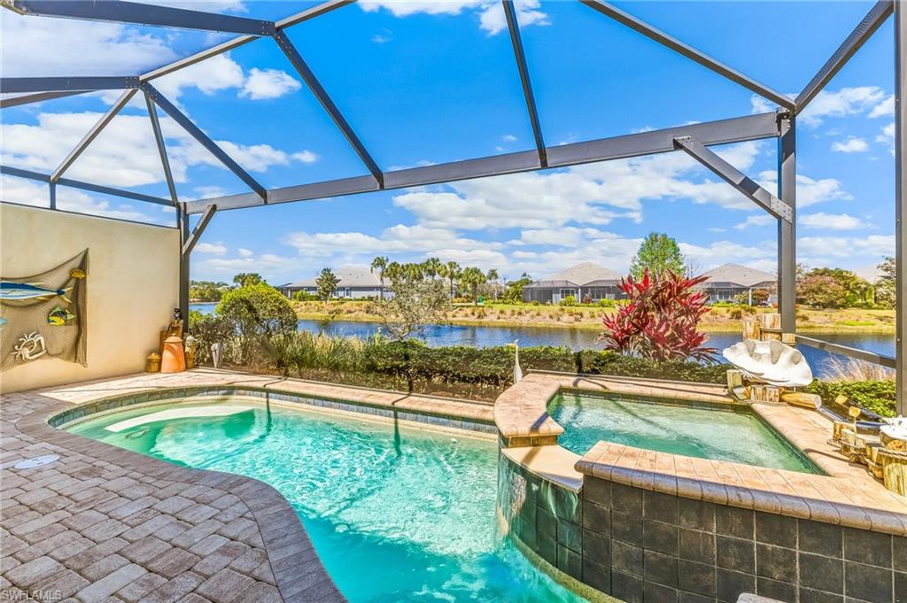 6939 Cay Court Naples, FL 34113 - Photo 19 of 31 Sunroom / solarium with an outdoor hangout area, a ceiling fan, a residential view, and a hot tub