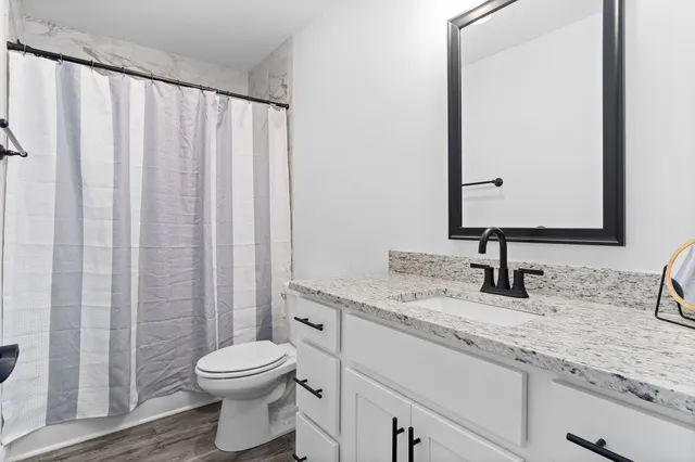 a bathroom with a granite countertop sink toilet and mirror