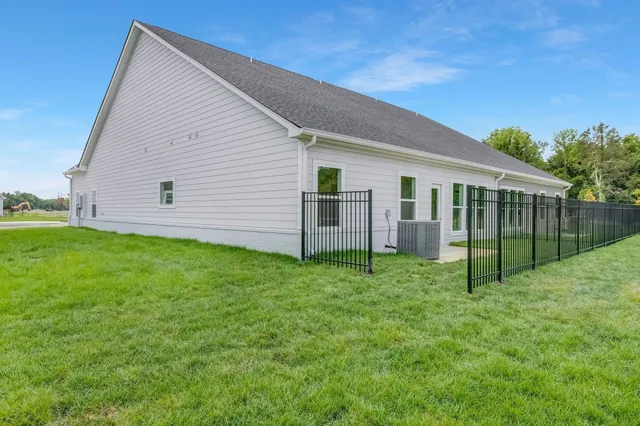 a view of a backyard with plants and large trees