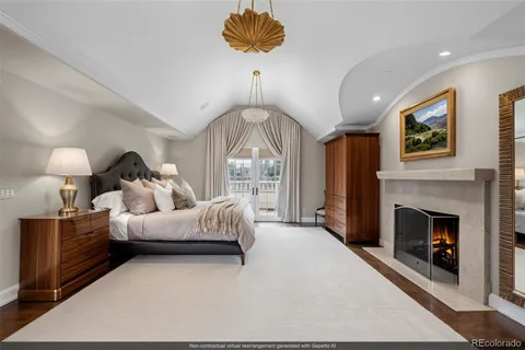 a living room with furniture a fireplace and a chandelier