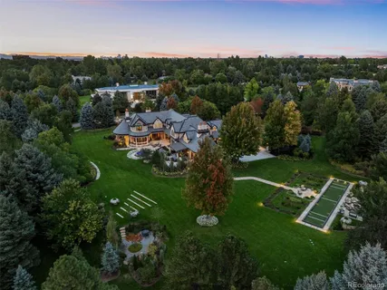 a view of a park with large trees