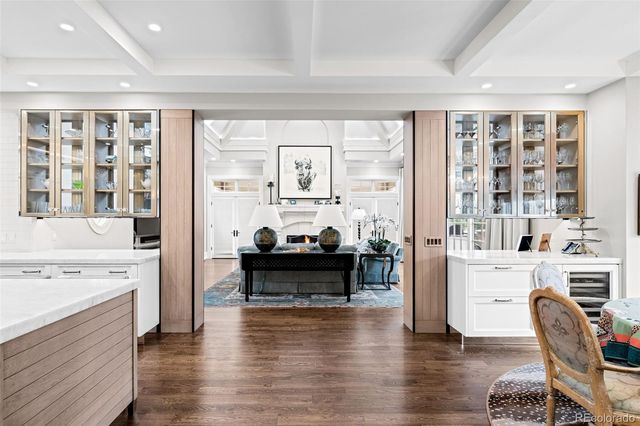 a view of a dining room with furniture