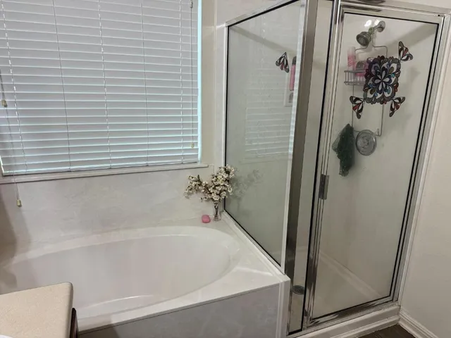 a bathroom with a bathtub