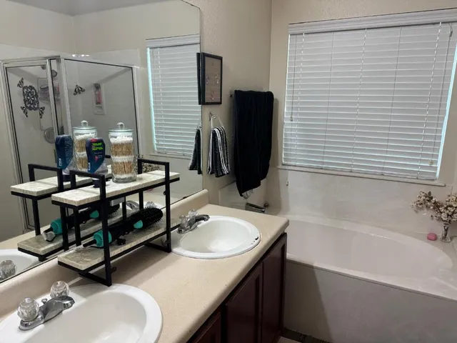 a bathroom with a sink double vanity and a bathtub