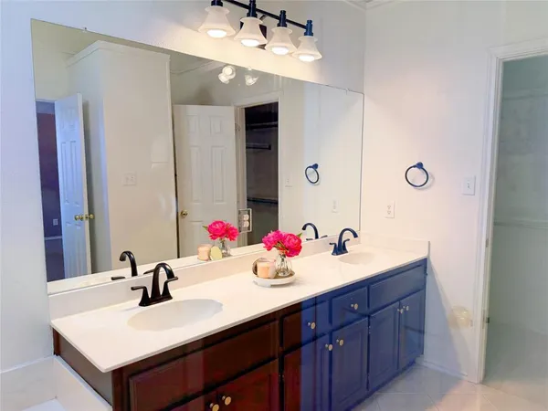 a bathroom with a sink vanity and a mirror