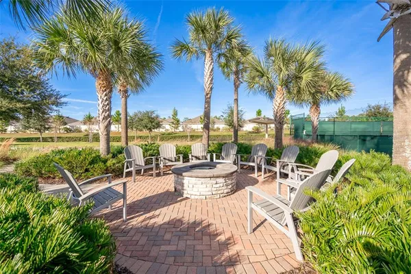 an outdoor space with furniture