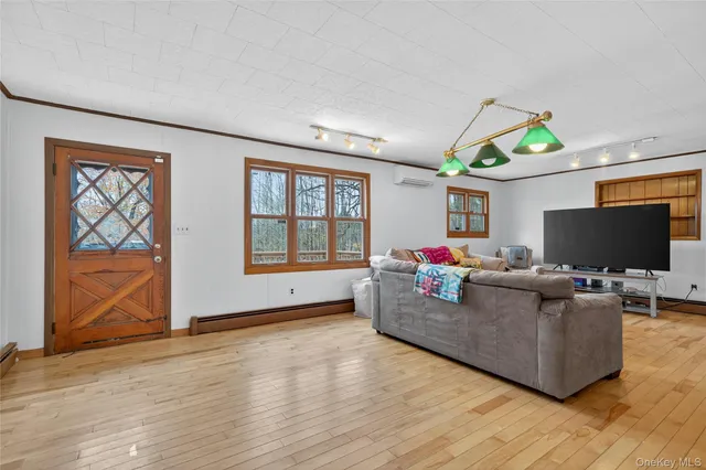 a living room with furniture and a wooden floor