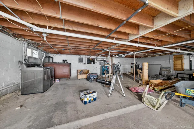 a view of a yard with plants and large trees