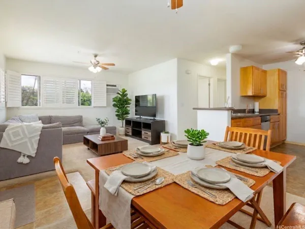 a view of a dining room with furniture