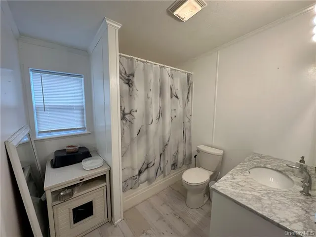 a bathroom with a granite countertop sink a toilet and a shower