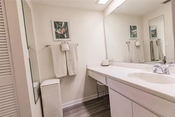 a bathroom with a sink vanity and a mirror