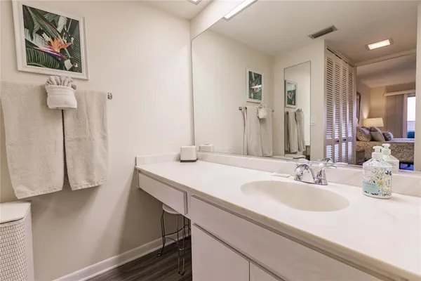 a bathroom with a sink and a mirror