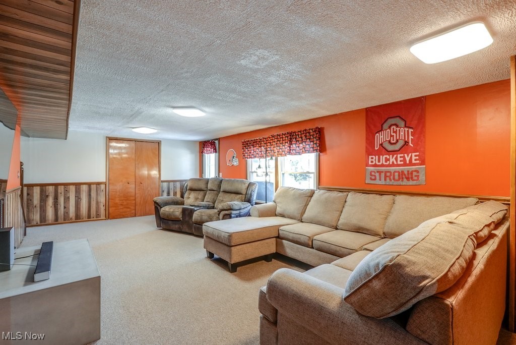 1157 Bass Circle Northwest Canton, OH 44708 - Photo 20 of 31 Living area with a wainscoted wall, a textured ceiling, and carpet floors