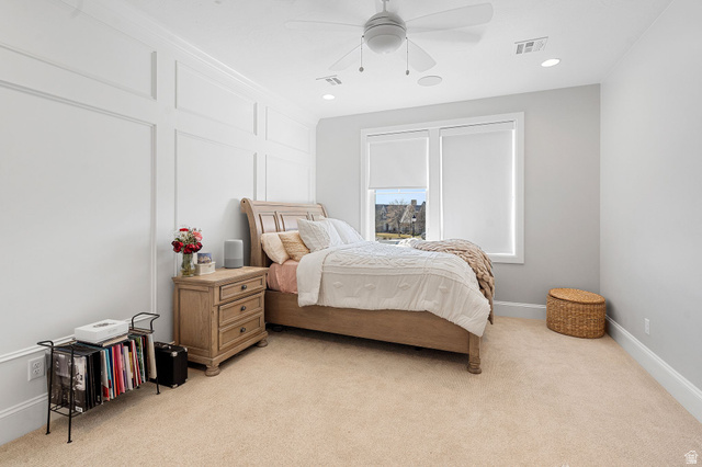 2917 Old Farm Road Washington, UT 84780 - Photo 70 of 105 Bedroom with a decorative wall, light colored carpet, recessed lighting, and ceiling fan