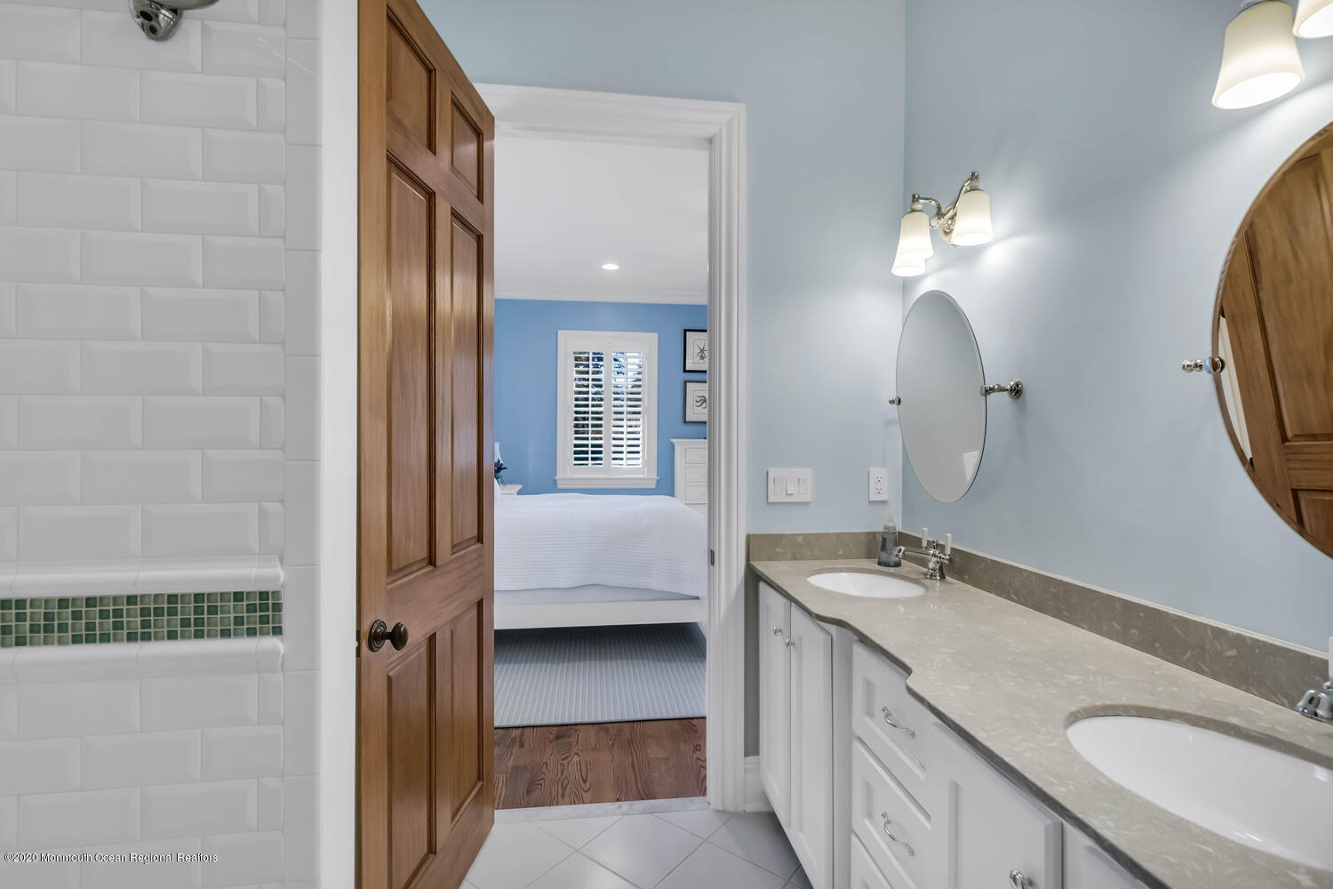 280 Portland Road Atlantic Highlands, NJ 07716 - Photo 25 of 74 a en suite spacious bathroom with a granite countertop double vanity sink a mirror and a shower