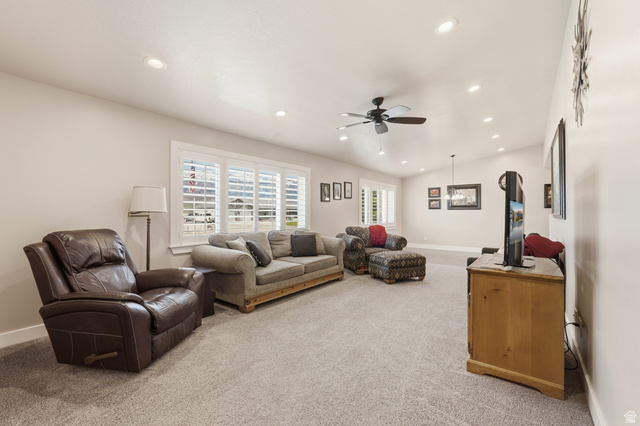 2420 West Old Hwy Road Morgan, UT 84050 - Photo 8 of 54 Living area featuring light colored carpet, ceiling fan, recessed lighting, and vaulted ceiling