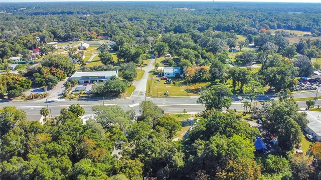 an aerial view of residential houses with outdoor space and trees