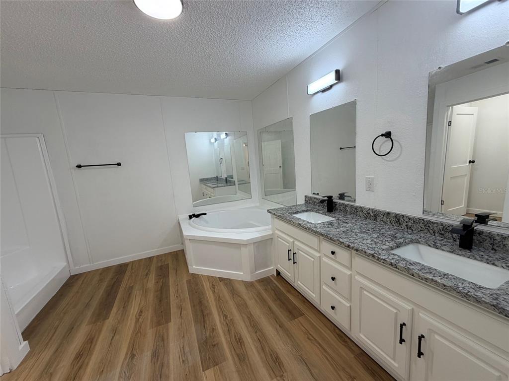 28834 Hubbard Street Leesburg, FL 34748 - Photo 17 of 22 a spacious bathroom with a granite countertop sink a toilet mirror and bathtub