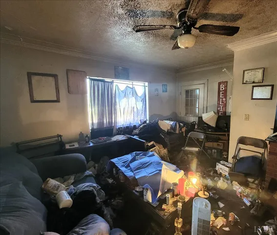 a living room with furniture and a bed