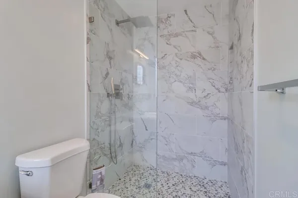 a bathroom with a shower and toilet