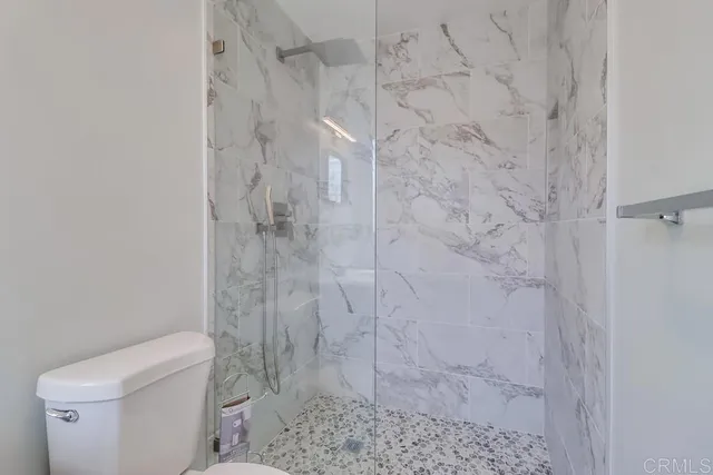 a bathroom with a shower and toilet