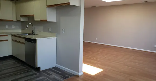a kitchen with a sink cabinets and a wooden floor