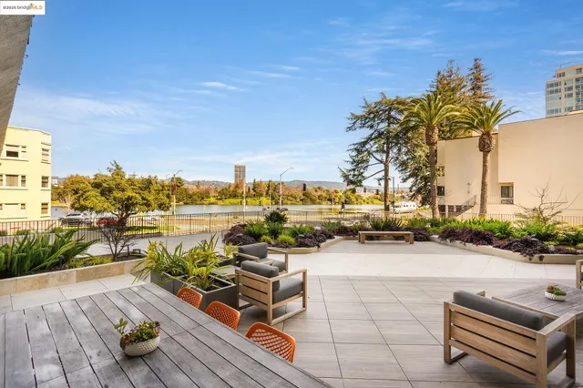 a view of a lake with a city view