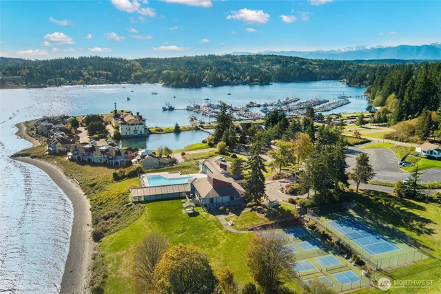 an aerial view of a house with a garden and lake view
