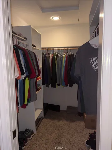 a view of walk in closet with clothes and shoes