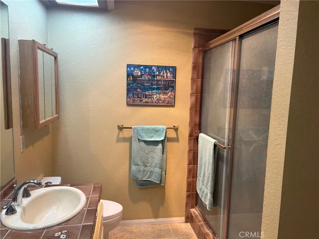 a bathroom with a sink mirror and a shower