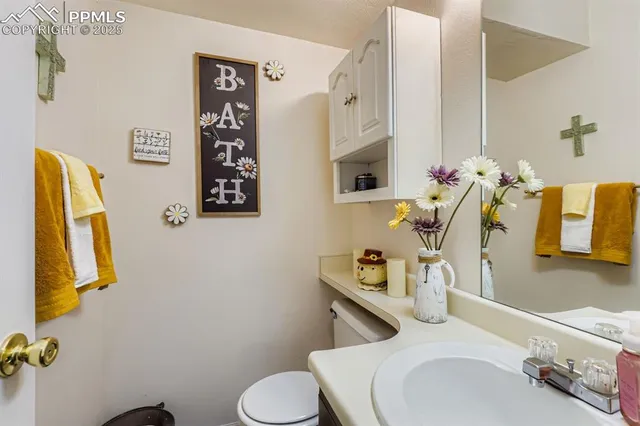 a bathroom with a sink mirror and toilet