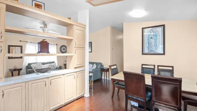 a view of a dining room with furniture