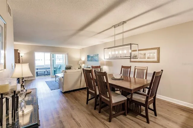 a view of a dining room and livingroom with furniture wooden floor a rug a mirror