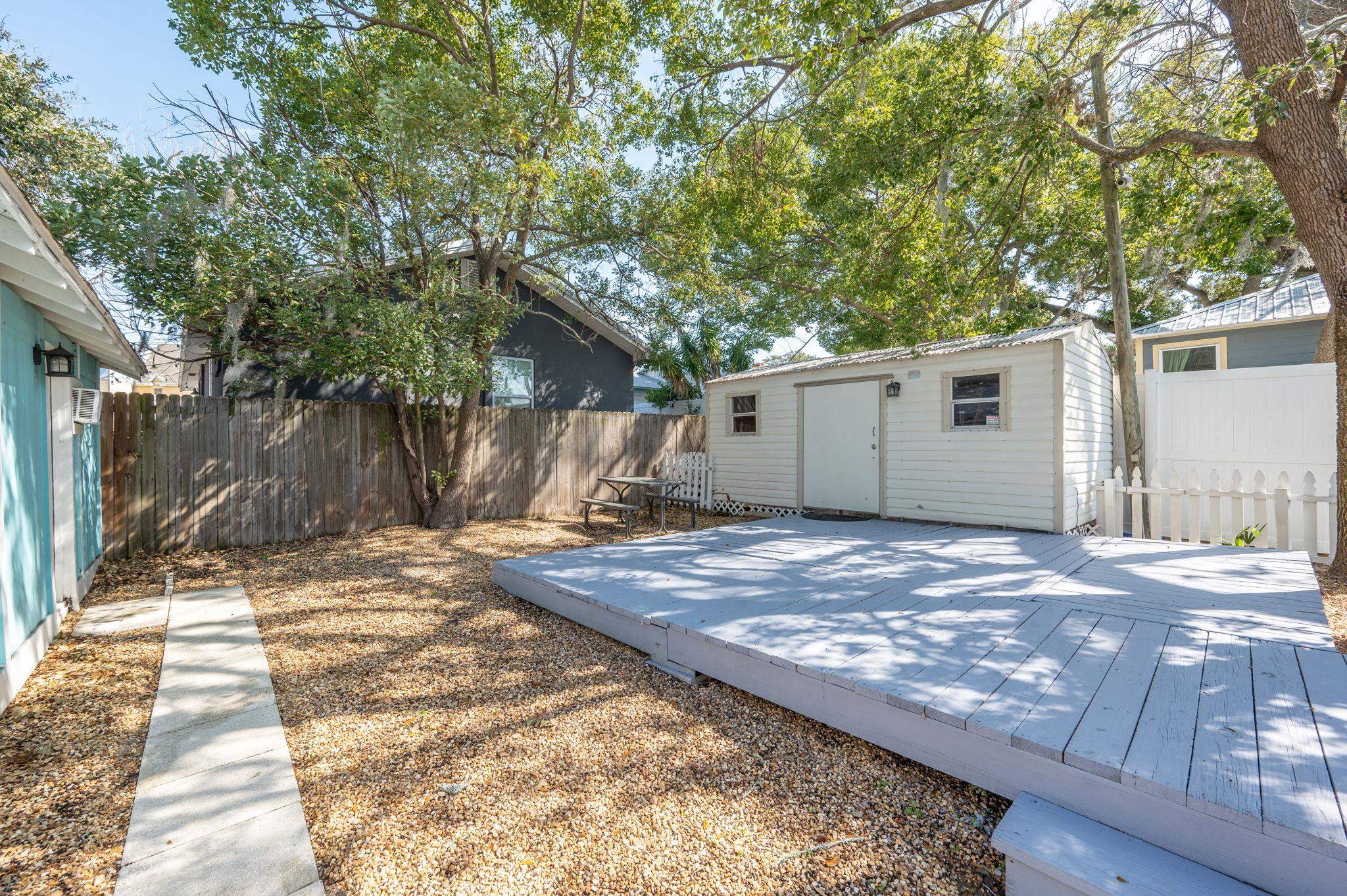 59 Lewis Boulevard St. Augustine, FL 32084 - Photo 32 of 75 Fenced backyard featuring an outbuilding and a wooden deck