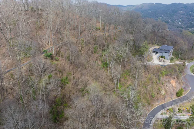a view of a dry yard with mountains in the background