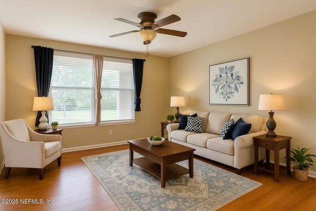 a view of a room with wooden floor