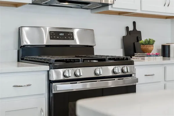a close view of a stove sitting inside of a kitchen