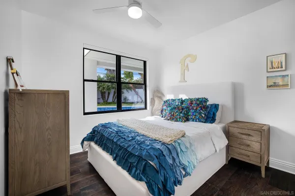 a bedroom with a bed and a painting on the wall