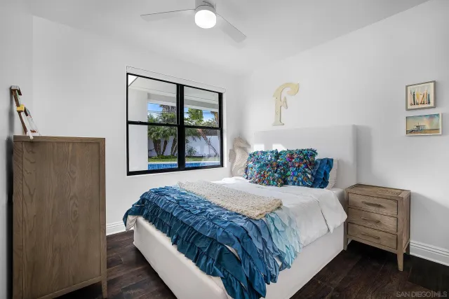 a bedroom with a bed and a painting on the wall