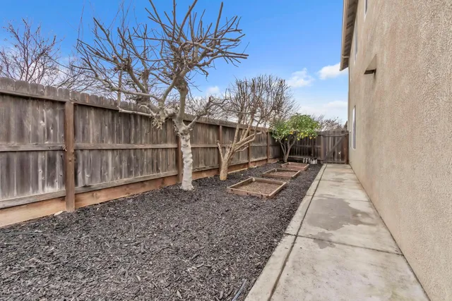 a view of backyard with wooden fence and large trees