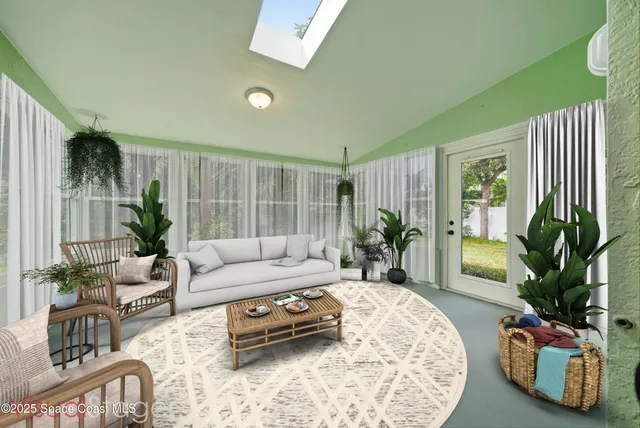 a view of an empty room with large windows