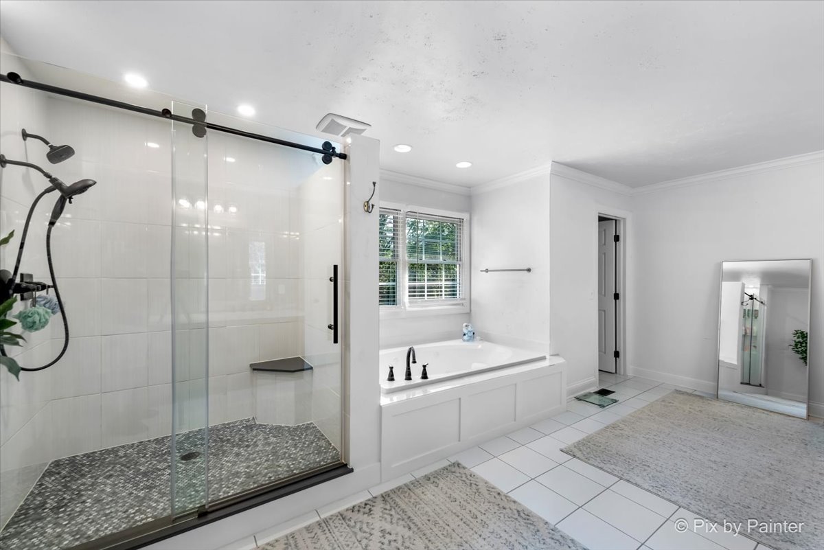 36W575 Bristol Road St. Charles, IL 60175 - Photo 29 of 58 a bathroom with a granite countertop sink a mirror a bathtub and shower